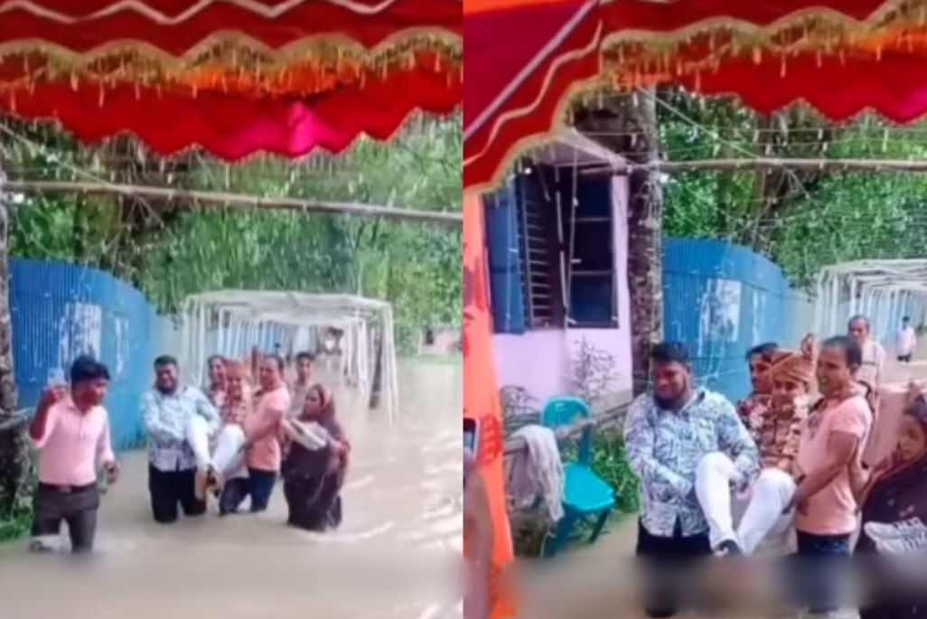 शादी के दिन आई बाढ़ मगर दूल्हे ने हिम्मत नहीं हारी, दुल्हन को घर लाकर ही माना | देखें फनी वीडियो